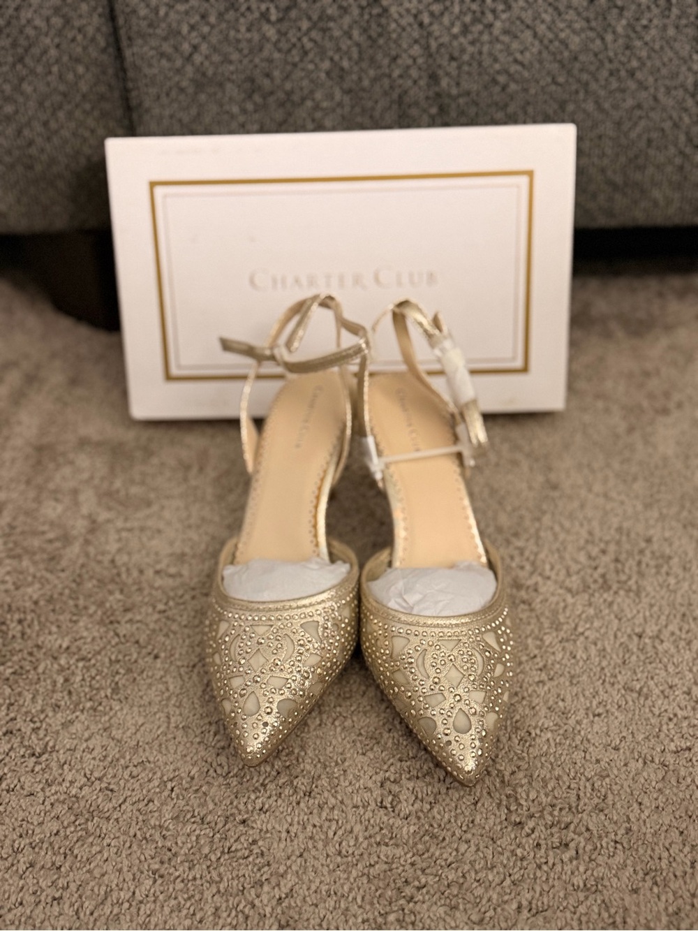 Charter Club Metallic Gold Pointed Toe Ankle Strap Heels with Stud Detail